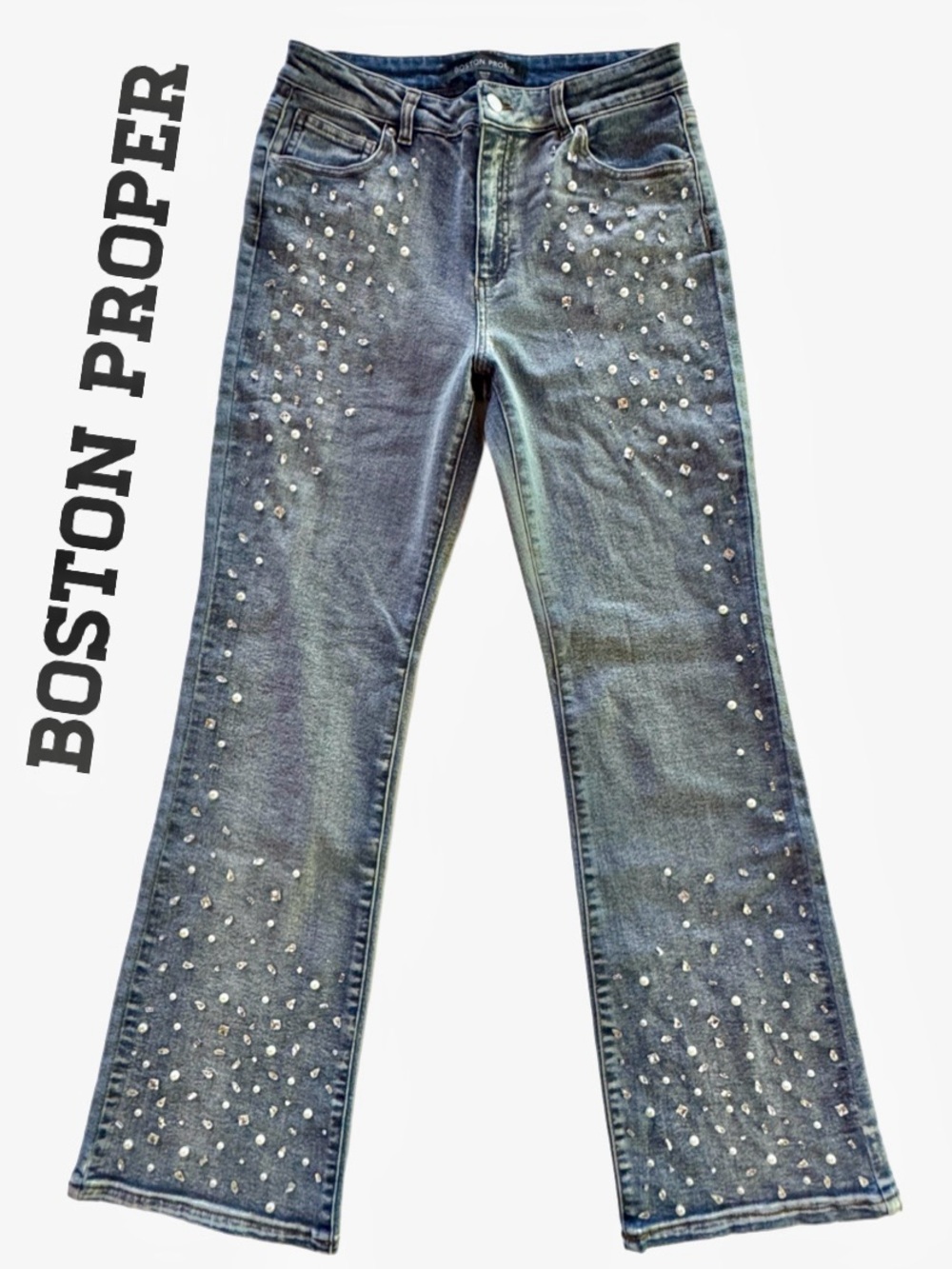 BOSTON PROPER Flare Leg High-Rise Rhinestone Embellished Jeans (Size 10)